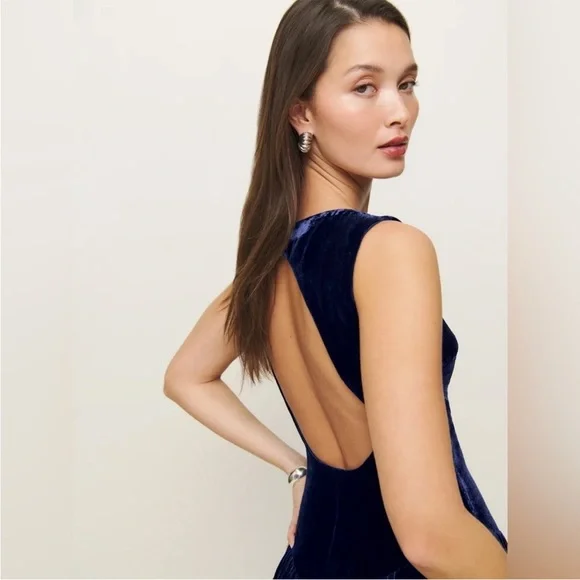 Reformation Elvira Velvet Boat Neck Open Back Midi Maxi Dress Navy NWT Size 6 - Picture 4 of 16